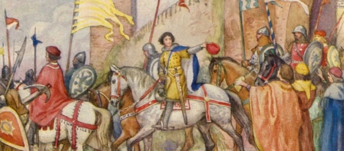 German_School_-_St_Francis_of_Assisi_setting_off_to_war_(colour_litho)_-_(MeisterDrucke-1640716)